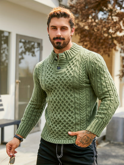 Men's Thermal Stand Collar Cable Knit Sweater - Striped H-Shape Regular Fit Pullover, Machine Washable Winter Sweater with Ribbed Detailing for Autumn & Winter, Knit Sweater, Medium Elasticity Fabric