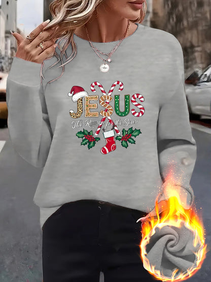 Women's Fleece-Lined Round Neck Pullover Sweatshirt - "JESUS" Christmas Print, Comfortable Loose Fit for All Seasons, Festive Holiday Design Casual Top