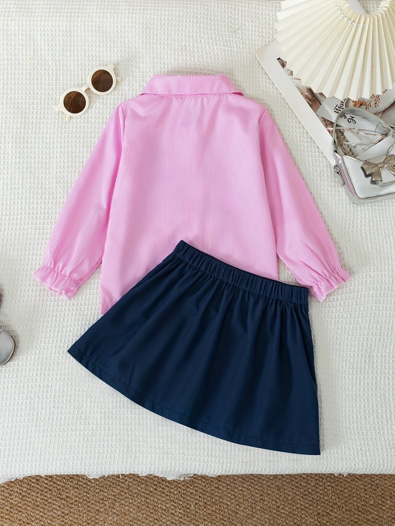 Girls Preppy Striped Collar Shirt & Pleated Skirt Set