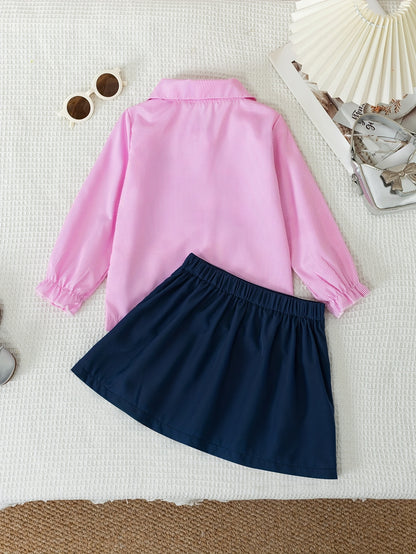 Girls Preppy Striped Collar Shirt & Pleated Skirt Set