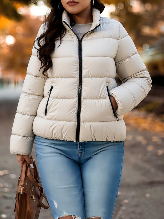 Women's Elegant Winter Warm Full-Zip Jacket with Full-Zip Front Closure, A-Line Silhouette & Stand Collar - Beige/White Coat with Full-Length Zipper, Machine Washable Outerwear for Casual & Formal Events - Cozy Winter Outer J