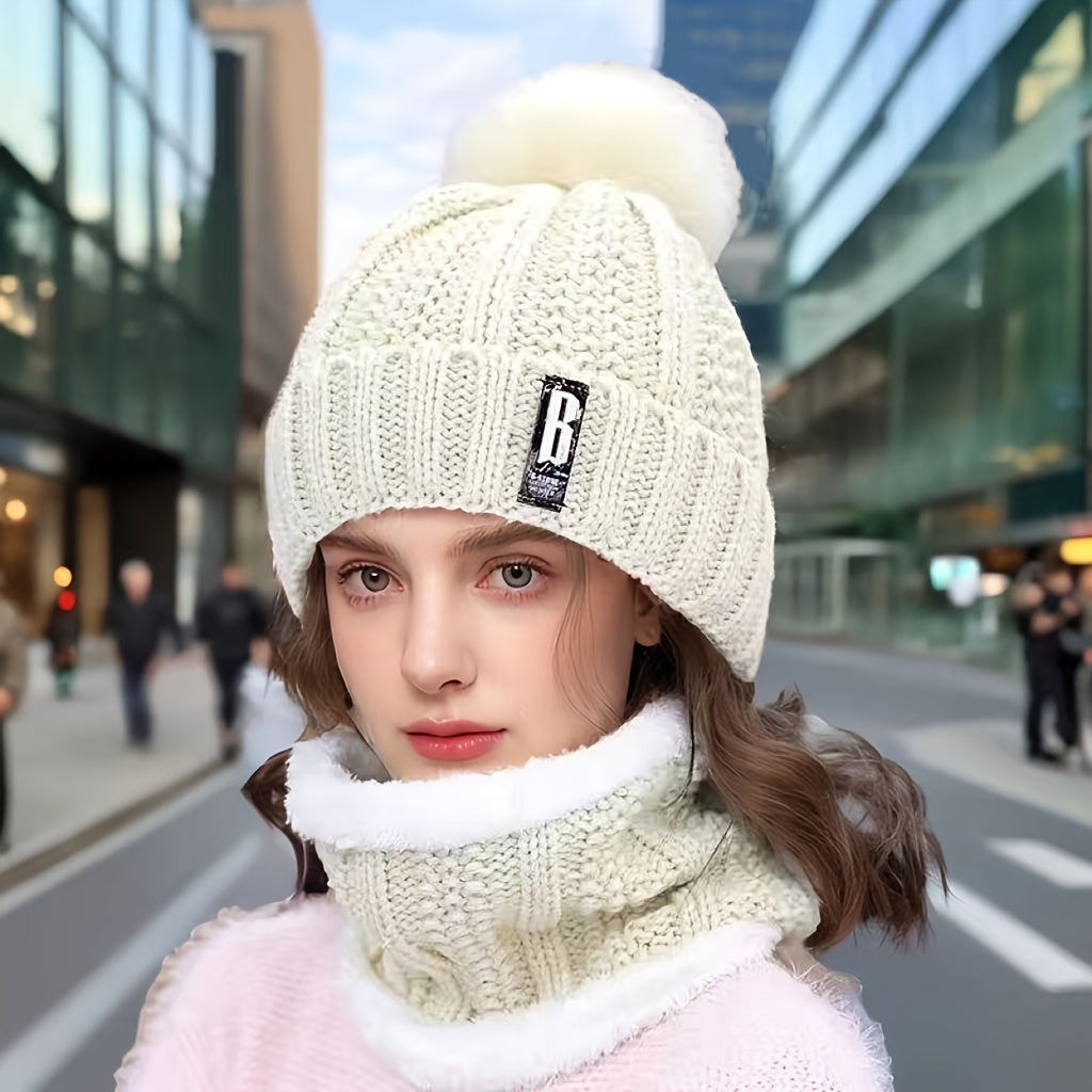 New Year's Acrylic Knit Beanie with Pom-Pom and Matching Scarf Set - Breathable, Elastic, Thermal Knitted Cap and Neck Warmer for Women with Toggle Closure - Hand Washable