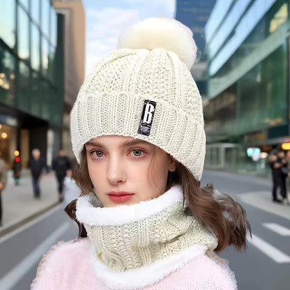 New Year's Acrylic Knit Beanie with Pom-Pom and Matching Scarf Set - Breathable, Elastic, Thermal Knitted Cap and Neck Warmer for Women with Toggle Closure - Hand Washable