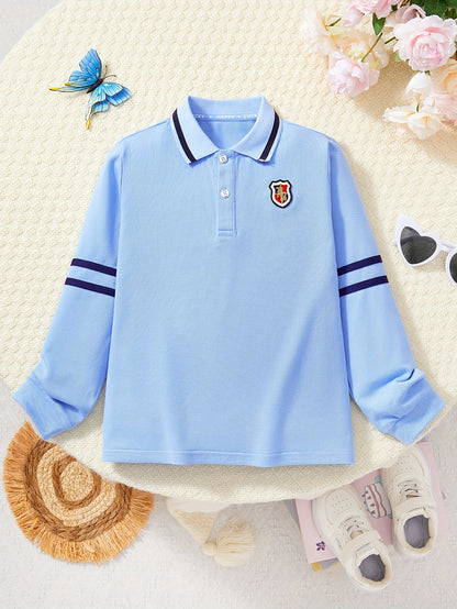 Boys' Long-Sleeve Lapel Cotton T-Shirt for School Uniforms
