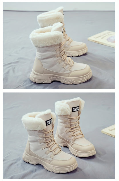 Women'S Winter Boots - Thick Platform Sole for Height & Traction, Lace-Up Mid-Calf Boots with PU Synthetic Cover Upper, Non-Slip PVC Outsole - Beige/White Cold Weather Shoes for Everyday, Formal, Party - Easy-Clean & Durable