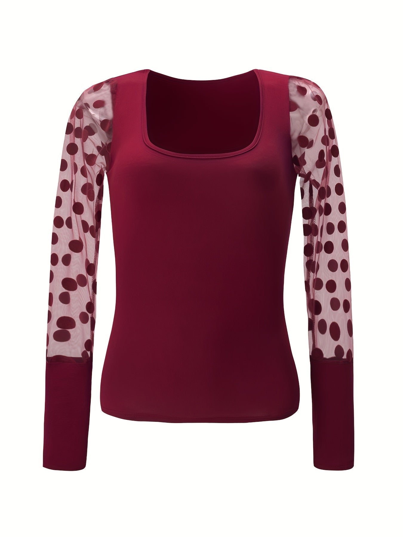 New Style U-Neck Mesh Spliced Polka Dot Long Sleeve Solid Color Fitted Casual Versatile Top