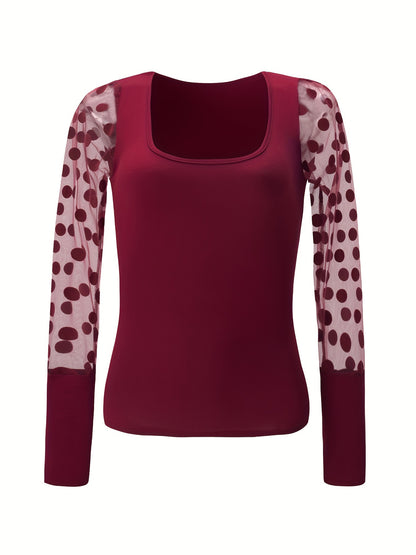 New Style U-Neck Mesh Spliced Polka Dot Long Sleeve Solid Color Fitted Casual Versatile Top