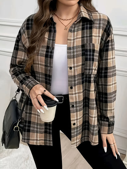 Women's Elegant Plaid Button-Front Long-Sleeve Shirt for Spring/Fall