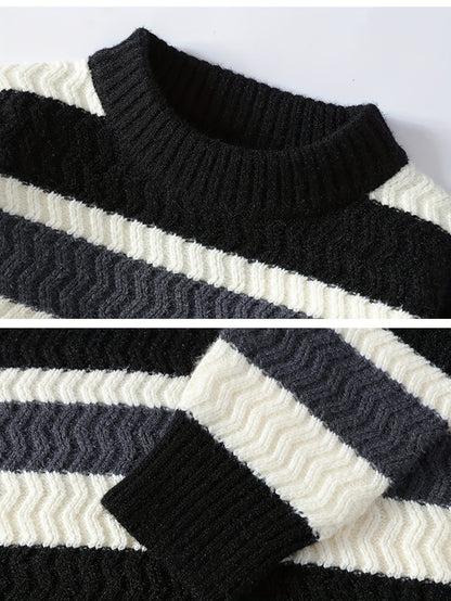 Men'S Thick Warm Sweater - Long Sleeve Round Neck Pullover with Vertical Stripes in Green/ - Cozy Fall/Winter Sweater for Everyday & Formal Outfits, Knit, Winter Clothing, Classic Knitwear, Ribbed Texture, Casual Wear, Stylis