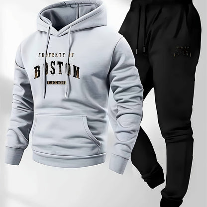 Men'S Boston Print Hoodie And Sweatpants Set - Casual Long Sleeve, Slight Stretch Fabric, Pockets, Suitable for Autumn And Winter, Sportswear, Casual Attire | Hoodie | Sport Pants with Pockets, Everyday Wear