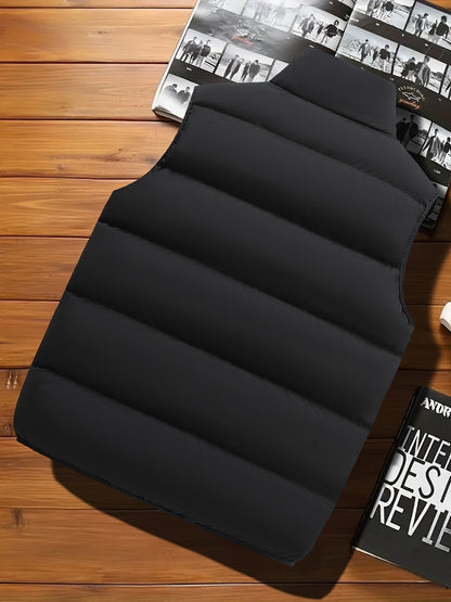 Men's Casual Sleeveless Stand Collar Vest, Thickened Warm Sweater, Autumn Winter Solid Color Zip-up Jacket, Coldproof Outdoor Top, Graphene Warmth, Fashion Webbing, Suitable for Daily Activities, Holiday Gift