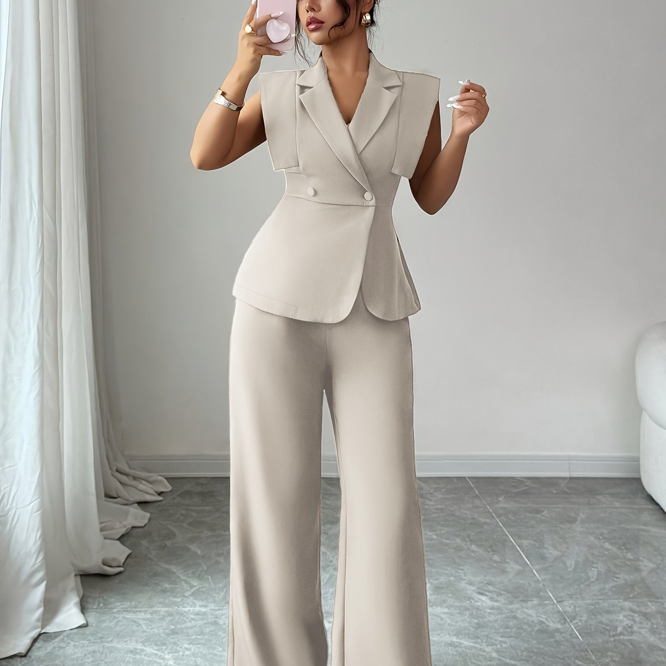 Elegant Women's Casual Set, Including a Sleeveless Top and Elastic Waist Pants, Suitable for Work, Vacation, Afternoon Tea, Parties, and Spring/summer Wear - ayq