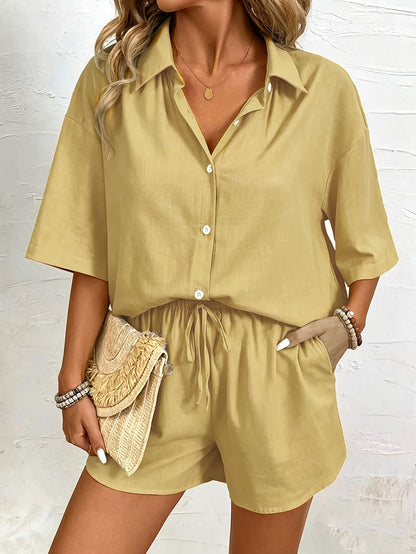 Women's Solid Casual Short Sleeve Shirt & Shorts Set - Spring/Summer