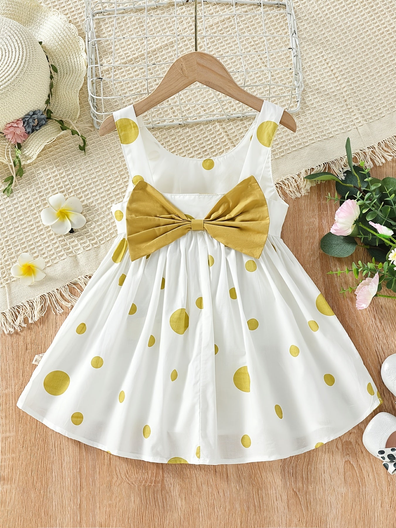 Girls' Cute White Cotton Polka Dot Spaghetti Strap Dress