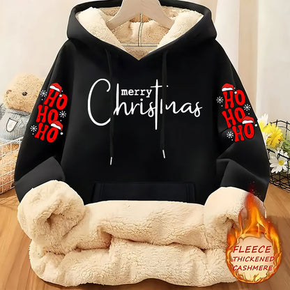 Christmas & Merry Christmas Letter Element Printed Women's Lined Hooded Sweatshirt, Thick and Warm Polyester Fabric Jacket, Suitable for Casual Composite Fabric Warm Clothing for Autumn and Winter Season