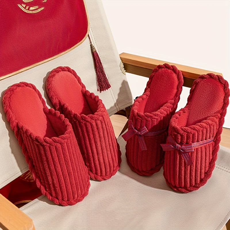 Jialiya Red Festive Simple Slippers - Warm, Versatile Winter Footwear for Women, Perfect for Outdoor Walks and Indoor Home Use, Minimalist and Stylish Design with a touch of Elegance.