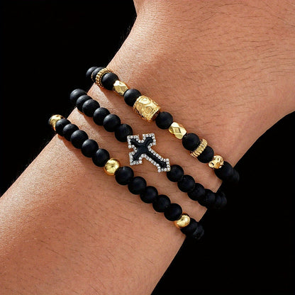 A Set of Three Men'S Bracelets Featuring Black Beads And Cross Decorations, Perfect for Mature Men. These Accessories Are Suitable for Everyday Wear And Make Great Gifts for Men.