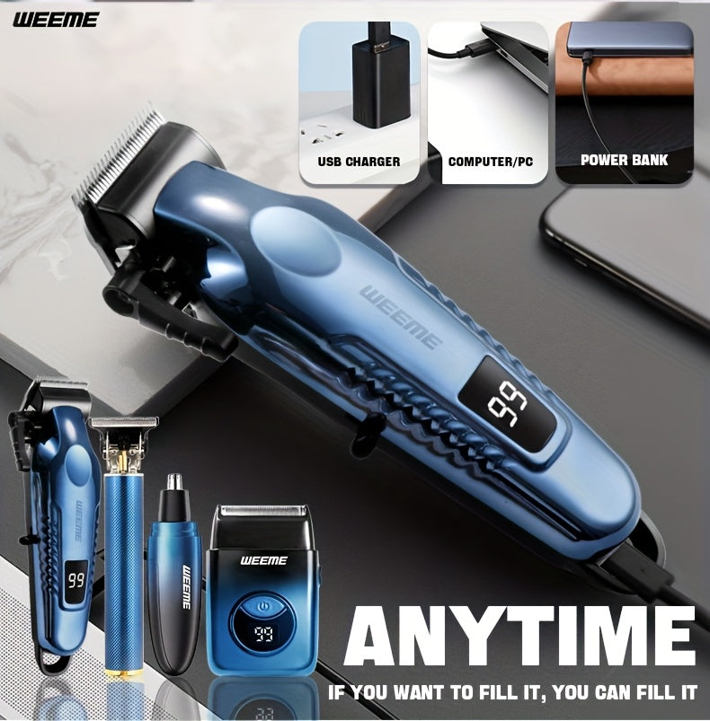 WEEME 4pcs Hair Clipper Set, Men’s Electric Shaver with Nose Trimmer and Razor – Rechargeable Grooming Kit for DIY Hairstyling & Barber Accessories (Perfect Gift for Husband or Dad) - ayq