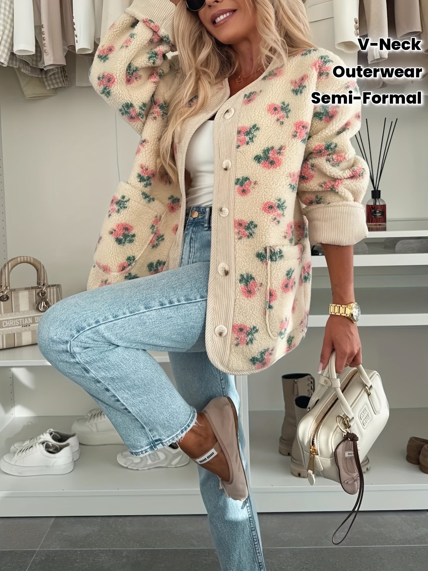 Women's Floral Print V-Neck Button-Front Coat with Pockets - Oversized H-Line Silhouette, Machine Washable Winter Jacket in Pink & Green, Casual to Semi-Formal Outerwear for Fall/Winter