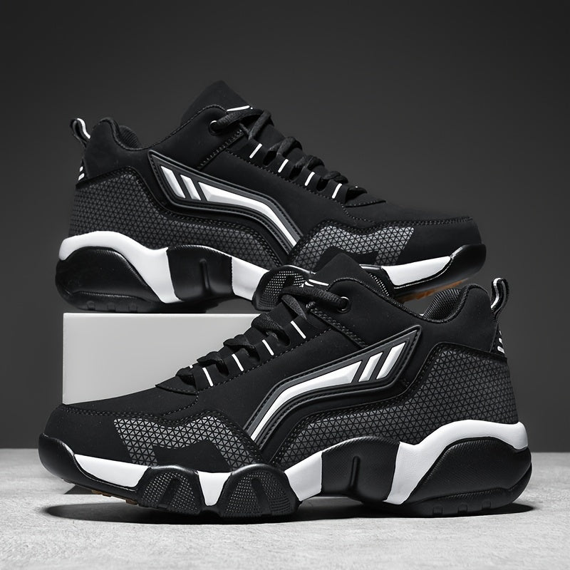Men's Casual Sporty Sneakers - High Quality PU Upper, Non-Slip Rubber Sole with Cushioned Comfort  Inner Arch Support, Low-Top Lace-Up Design for All-Day Wear (Black/White) - Spring/Fall/Winter Seasonal Versatility, Comforta