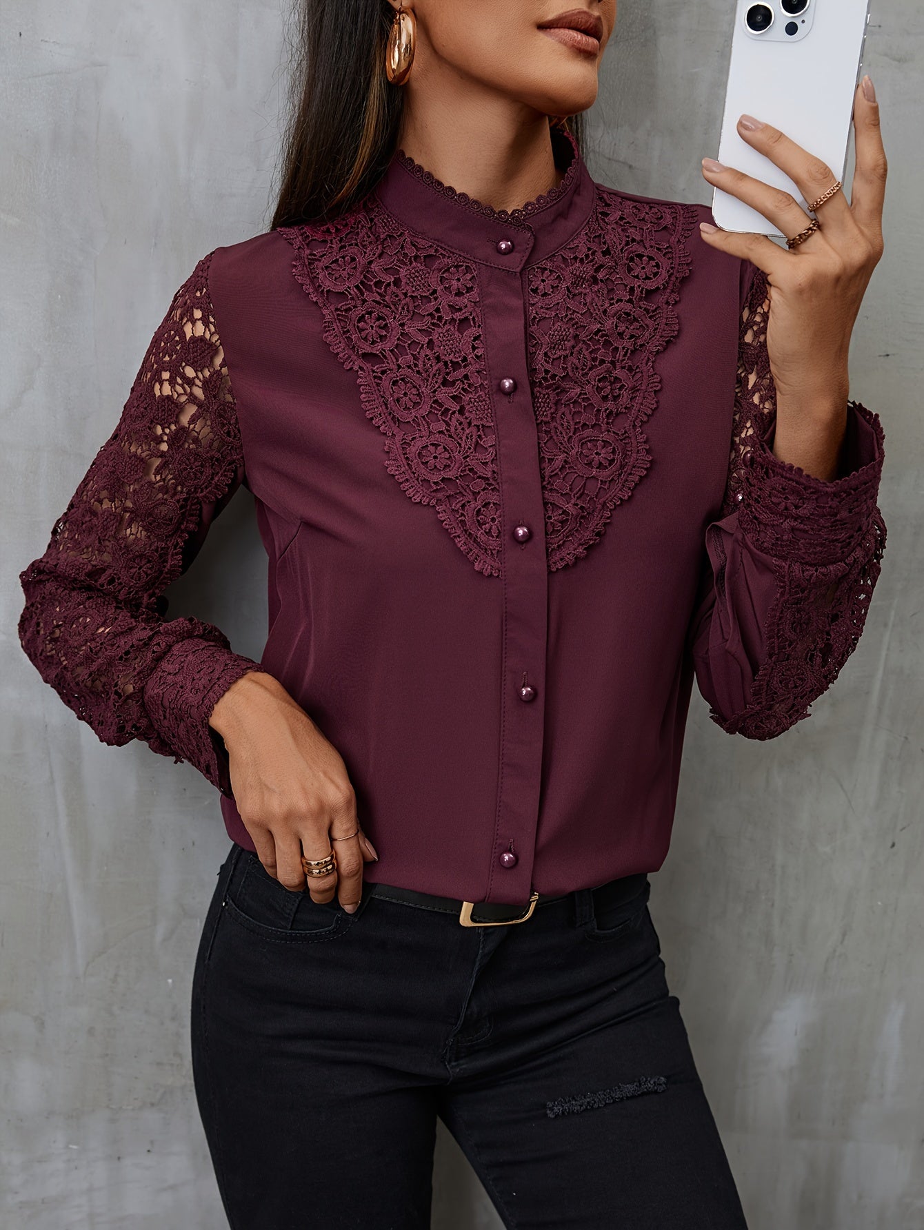 Solid Contrast Lace Blouse, Elegant Mandarin Collar Long Sleeve Blouse, Women's Clothing