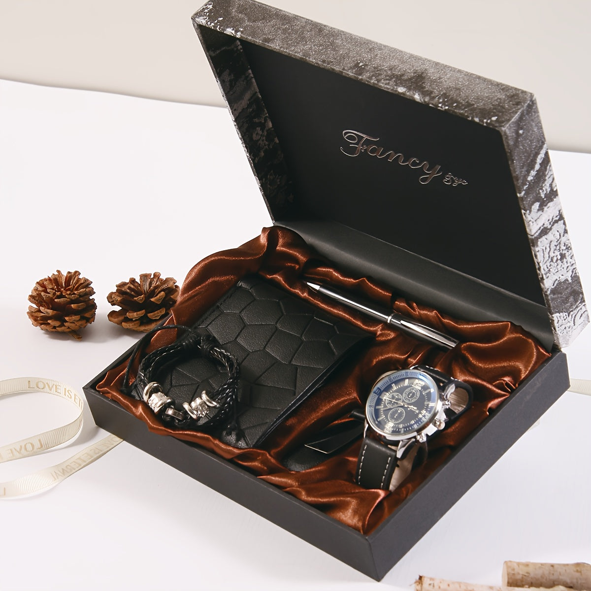 Christmas Gift Box Set of Six, Wallet + Watch + Bracelet + Keychain + Pen + Wooden Gift Box