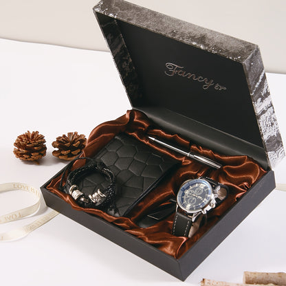 Christmas Gift Box Set of Six, Wallet + Watch + Bracelet + Keychain + Pen + Wooden Gift Box
