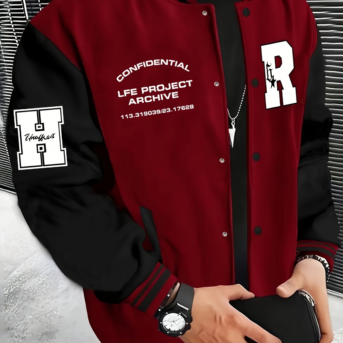 Men's Fashionable R-Letter Patchwork Casual Street Style Baseball Jacket - Polyester, Maroon & Black with White Stripes, Button Closure, with Pockets