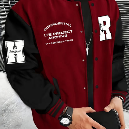 Men's Fashionable R-Letter Patchwork Casual Street Style Baseball Jacket - Polyester, Maroon & Black with White Stripes, Button Closure, with Pockets