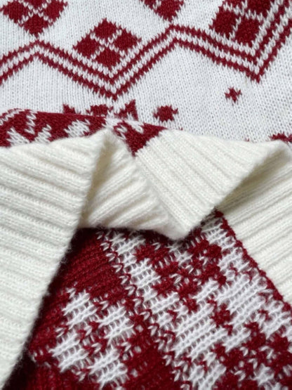 Women'S Thick Double-Layer Winter Sweater - Red & Snowflake & Geometric Pattern Pullover, Round Neck Long Sleeve Sweater with Piping Trim, Cozy Fall/Winter Casual Chic Outfits, Ladies Sweaters