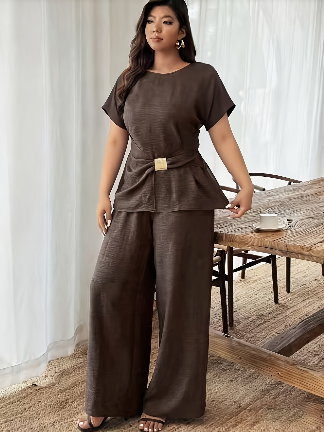 Plus Size Women's Tummy Control Top with Straight Leg Pants