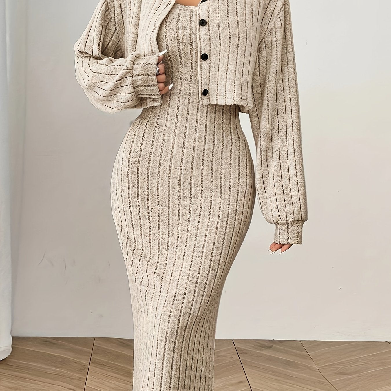 Women'S Autumn And Winter Outfit Featuring a Long-Sleeve Top with a Coat And a Camisole Dress in a Two-Piece Set.