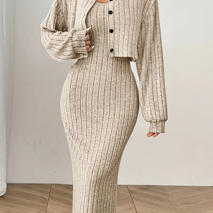 Women'S Autumn And Winter Outfit Featuring a Long-Sleeve Top with a Coat And a Camisole Dress in a Two-Piece Set.