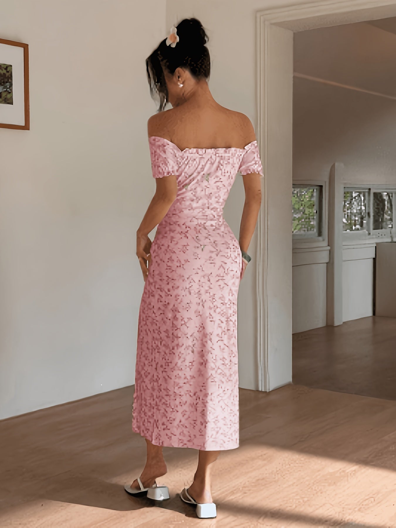 White Off-Shoulder Midi Dress with Pink Floral Print, Sleeveless