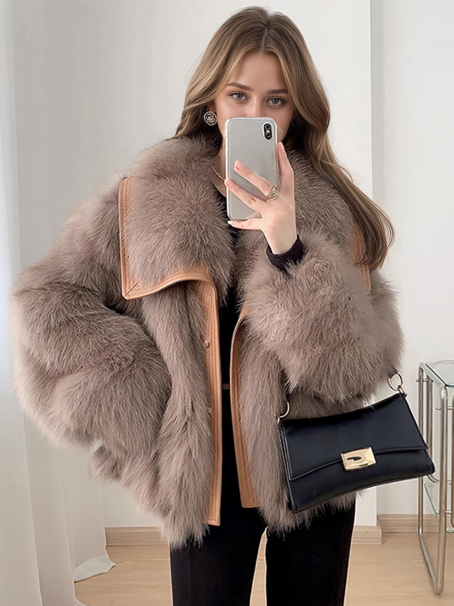 Women'S Elegant Fox Fur-like Plush Jacket - Winter Coat with Large Lapel Collar, Thick Warm Outerwear, Loose Fit H-Silhouette, No Belt Needed, for Everyday & Formal Events - Luxury Cold Weather Jacket, Ladies Winter Coats, Se