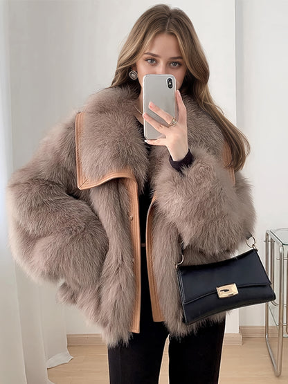 Women'S Elegant Fox Fur-like Plush Jacket - Winter Coat with Large Lapel Collar, Thick Warm Outerwear, Loose Fit H-Silhouette, No Belt Needed, for Everyday & Formal Events - Luxury Cold Weather Jacket, Ladies Winter Coats, Se