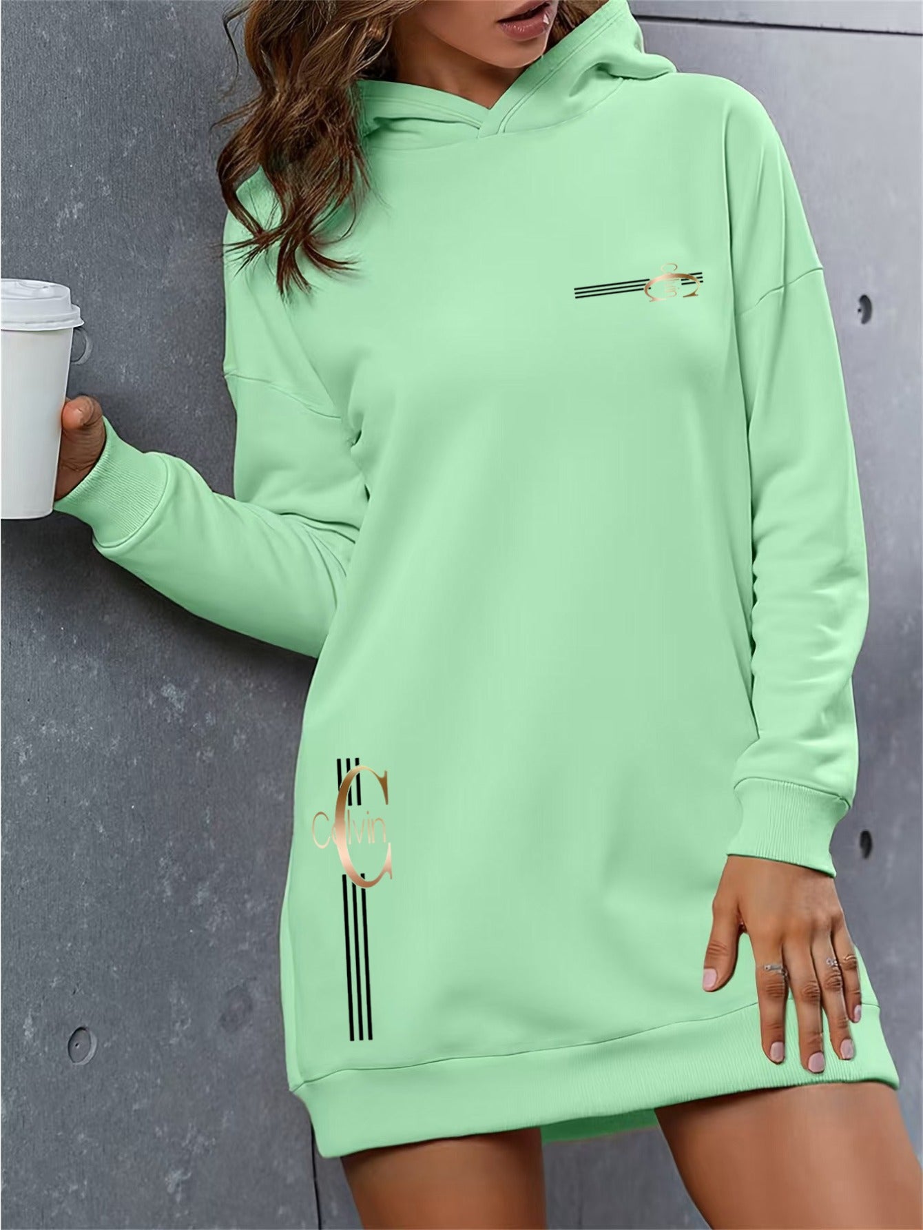 Women'S Elegant Letter Print Hooded Sweatshirt - Thickened Fleece-Lined Long Dress with Golden Lettering & Golden-Tone Lettering, Front Zipper Closure, All-Season Casual Elegant Sweater, Cute Hoodie