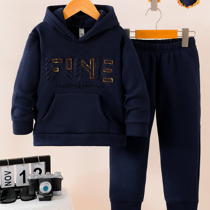 Autumn Winter Solid Color Fleece Hoodie Long Sleeve Letter Embossed Print Pockets Top Daily Versatile Sports Casual Warm Pants 2pcs Set, DONABEBE, for Outdoor