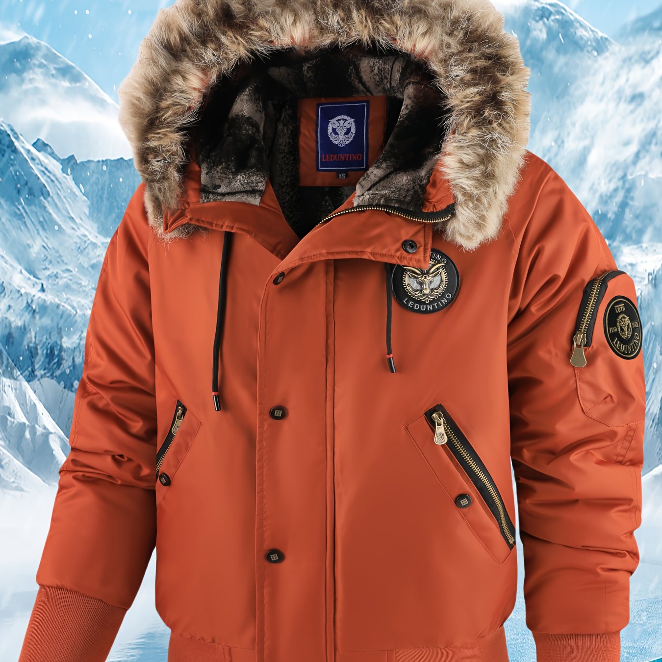 Men's Winter Coat - New Warm Hooded Jacket with Golden Print Accents, Loose Fit Casual Outerwear for Cold Weather, Machine Washable, Thick Comfort Plush Lining