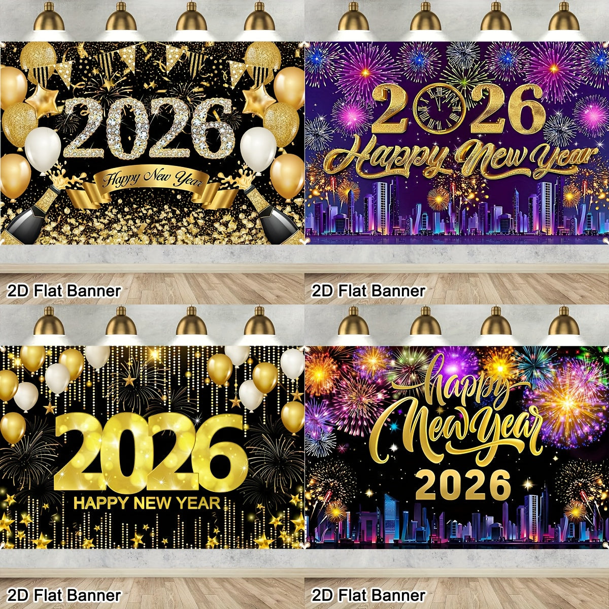 2D Flat, 1pc 2026 Happy New Year Party Backdrop Banner - 80x120cm Polyester Champagne & Cityscape Design, Golden & Purple Fireworks, Festive New Year'S Eve Decor for Home, No Electricity Needed, New Year Decorations, Flag For