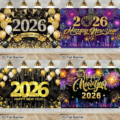 2D Flat, 1pc 2026 Happy New Year Party Backdrop Banner - 80x120cm Polyester Champagne & Cityscape Design, Golden & Purple Fireworks, Festive New Year'S Eve Decor for Home, No Electricity Needed, New Year Decorations, Flag For