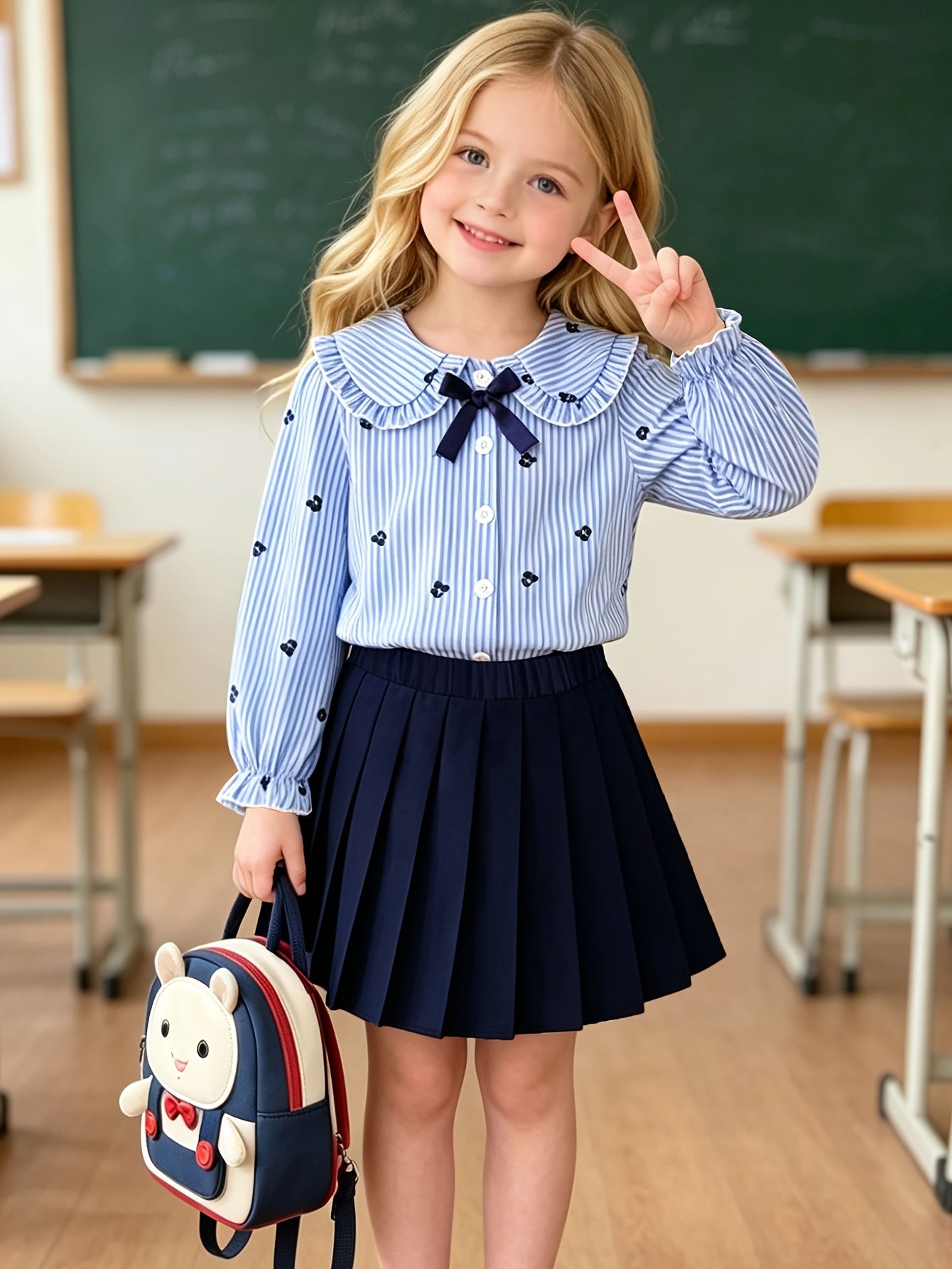 Girls' Preppy Butterfly Print Cardigan & Pleated Skirt Set