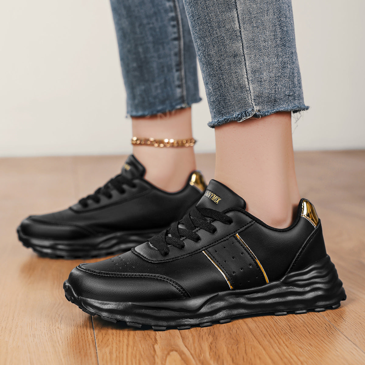 DJSUNNYMIX Women's Casual Running Shoes with Golden Glitter Accents - Lightweight EVA Sole, Breathable Fabric Lining, Low-Top Lace-Up Design for All-Season Comfort  Style, Sporty Footwear   Flexible Footwear