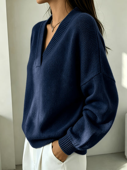 Plus Size Women's V-Neck Pullover Sweater with Double-Layer Collar