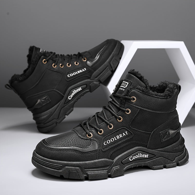 Men's Mid-Calf Winter Boots with -Like Collar & Plush - Heavy-Duty PU Upper, PVC Sole, Lace-Up Ankle for, Outdoor, Casual & Gym - Beige/Tan (Warm Cold Weather Trekking Shoes)