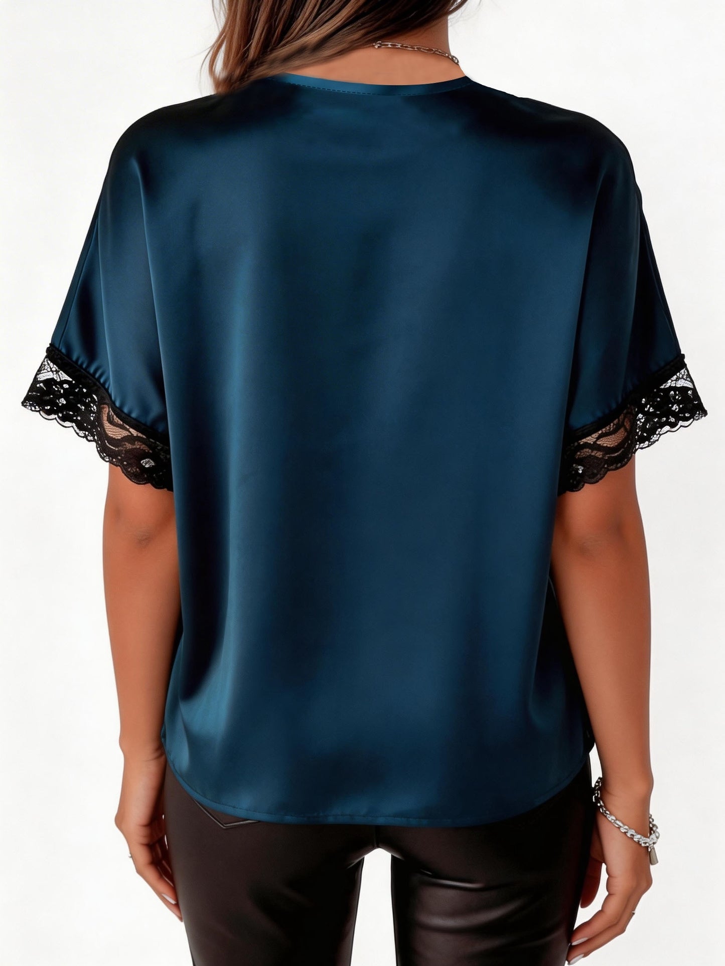 Elegant Black Lace Trim V-Neck Polyester Top