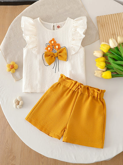 Girls' Summer Two-Piece Set with Floral Sleeveless Top & Shorts