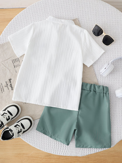 Boys' Summer Casual Shirt & Woven Shorts Set - Lightweight Polyester