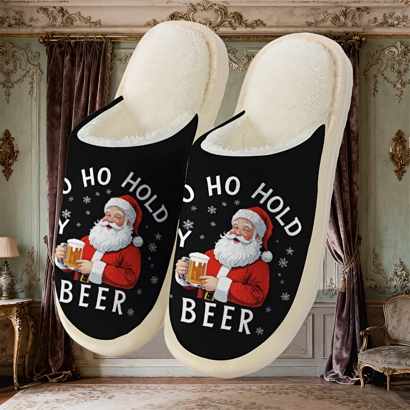 Funny Santa Claus Holding Beer Slippers - Soft Plush Slip-On Indoor House Shoes with Santa & Beer Design, Cozy Winter Footwear for Men & Women, Holiday Party Gift Idea (Hand Washable), Christmas Home Decor