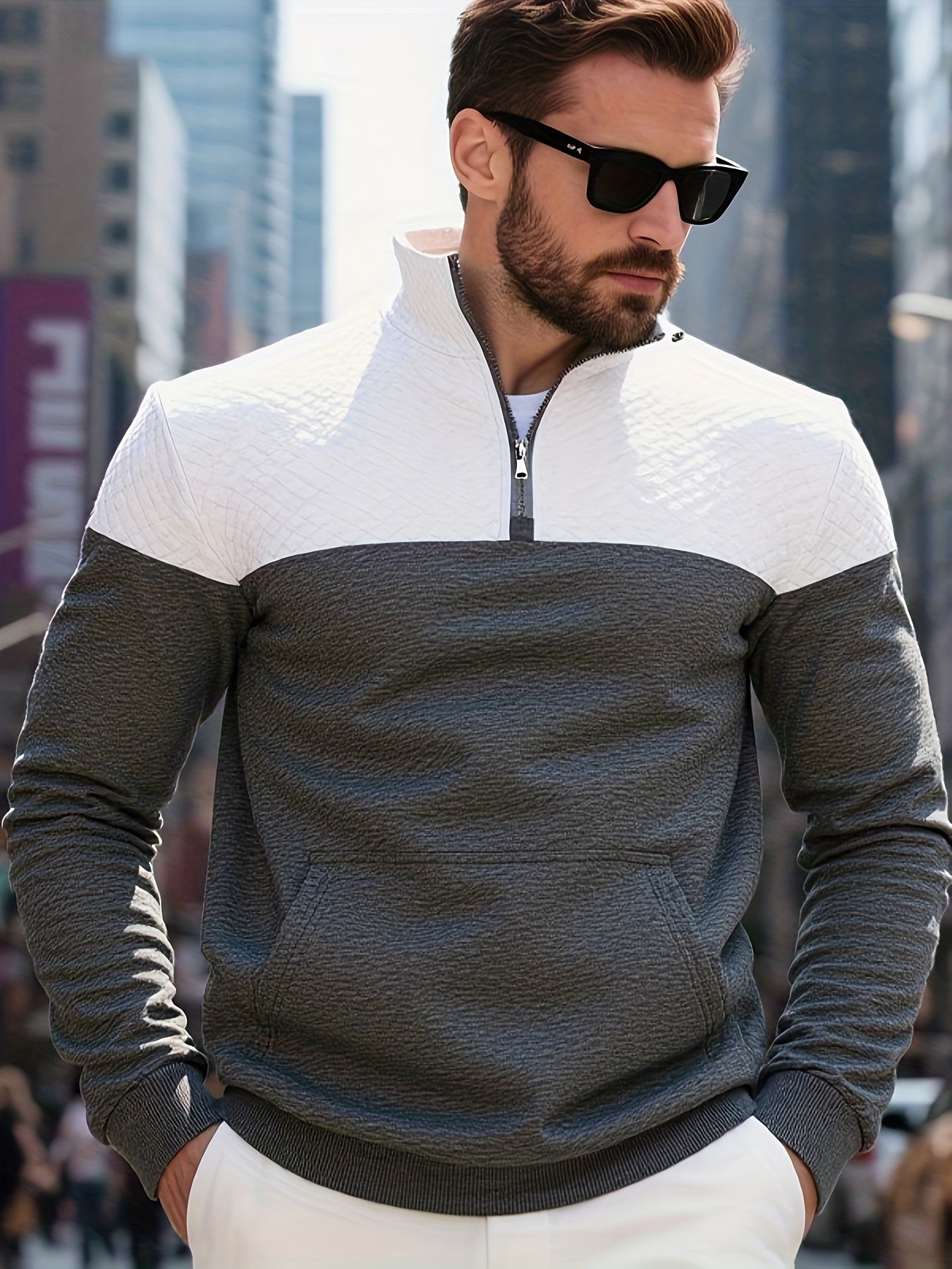 Men's Casual Half-Zip Color Block Sweatshirt with Kangaroo Pocket